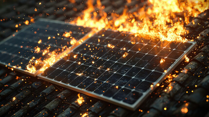 Two solar panels on a rooftop are engulfed in flames, creating a dramatic scene with intense fire and glowing sparks against a dark, evening sky backdrop.