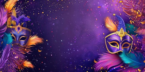 Wall Mural - Two Purple Masks with Golden Trim, Surrounded by Colorful Feathers and Confetti on a Purple Background.