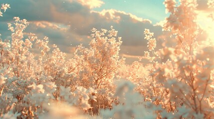 Wall Mural -   Sun shining through cloudy skies over a snow-covered field with bare trees on a chilly winter day