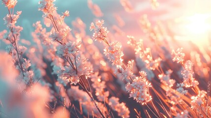 Wall Mural -   A macro shot of several blossoms bathed in sunlight behind them, with an expansive blue sky in the backdrop