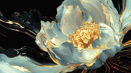 Wall Mural -   A golden-centered white flower on black