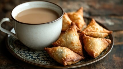 Masala Chai and Samosas: A cup of masala chai with a plate of freshly fried samosas, capturing the essence of Indian snack time