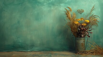 Wall Mural -  Yellow flowers in metal pail on teal green wall with dried grass in foreground