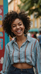 Poster - Smiling Young Woman of Color in Striped Shirt with Curly Hair on Vibrant City Street