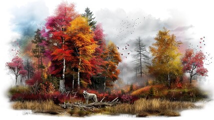 Wall Mural -  A white dog in the foreground and orange, yellow, and red tree leaves in the background