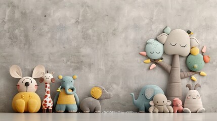 Wall Mural -  A collection of plush toys resting atop a table beside a tree