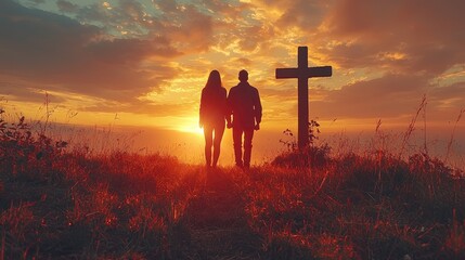 Couple praying together in a field in front of a cross at sunset