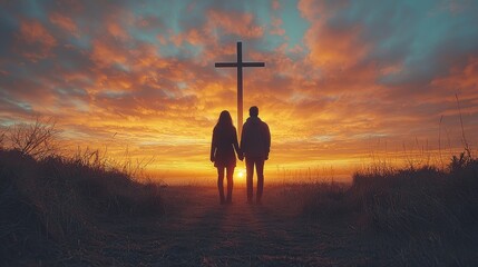 Couple praying together in a field in front of a cross at sunset