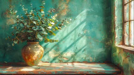 Dining table with eucalyptus branches in vase near light wall  