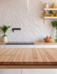 Wall Mural - Green Empty wooden table with the bright white interior of the kitchen as a blurred background behind the bokeh golden sunshine