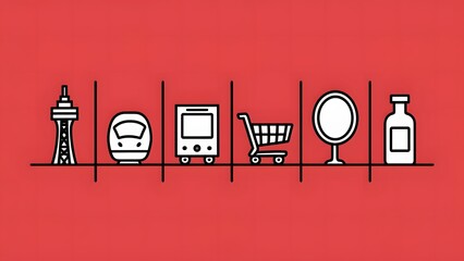 2D icons of a tower, a high-speed train, a shopping cart, a mirror and a bottle separated on a bright red background in a simple black and white design, with vertical and curved lines forming their bo