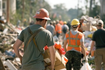 A man in a hard hat carrying a box walks through debris with other people in the background.