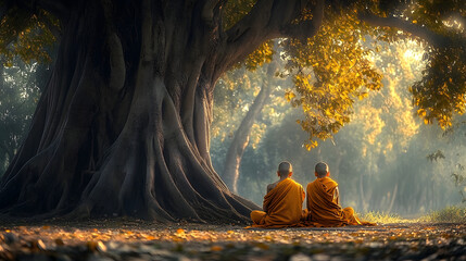 Wall Mural - Two monks sit under a large tree, one of them is a child. The scene is peaceful and serene, with the monks sitting on the ground and the tree providing a sense of shelter and protection