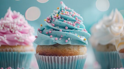 Wall Mural -   A close-up image of a cupcake with frosting and sprinkles against a blue background, surrounded by more cupcakes