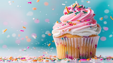  A cupcake with pink frosting and blue sprinkles on a blue background