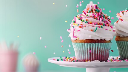   Two cupcakes with white frosting and sprinkles on a cake plate with confetti