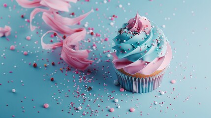   Cupcake with pink and blue frosting, sprinkles on blue background, and confetti