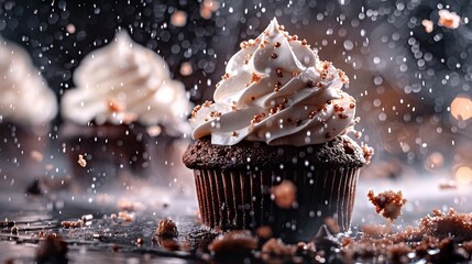 Poster -   A chocolate cupcake with white frosting and sprinkles on a table surrounded by cupcakes