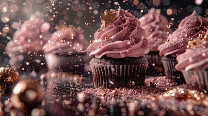 Poster -   A close-up of a cupcake with pink frosting and sprinkles on a table surrounded by other cupcakes