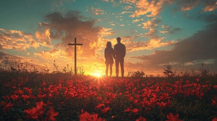 Couple praying together in a field in front of a cross at sunset