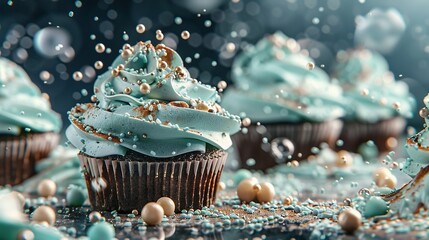   A close-up of a cupcake with blue frosting and sprinkles, displayed on a table alongside other cupcakes