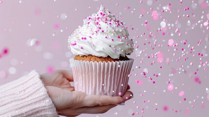 Poster -   A woman holds a cupcake with white frosting and sprinkles in her hand