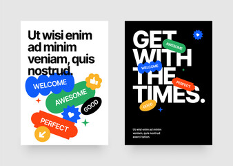 Wall Mural - Layout template with geometric shapes and y2k patches, labels, tags, stickers for flyer, poster, cover, brochure or banner. 