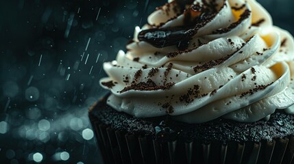 Poster -   A close-up of a black cupcake with frosting and chocolate sprinkles on top