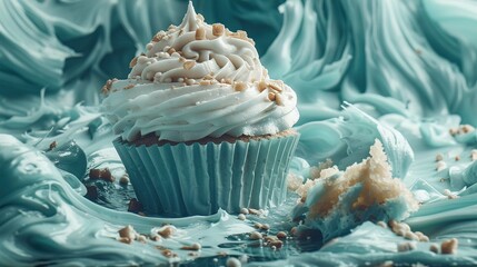 Poster -   A cupcake perched on a blue and green tablecloth, adorned with white frosting and colorful sprinkles