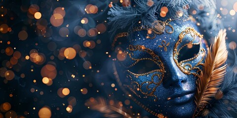 Wall Mural - Close up of a blue masquerade mask with gold trim and feathers against a sparkling background.