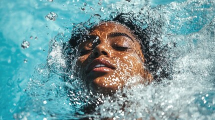 Woman Coming Out Of Water. Diving and Relaxation in Swimming Pool