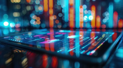 Detailed view of a tablet screen with data being discussed (copy space, information exchange, dynamic, Double exposure, Meeting room)