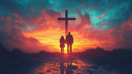 Couple praying together in a field in front of a cross at sunset