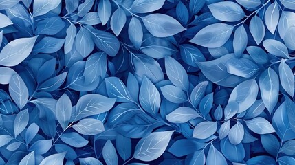   Blue leaves scattered on walls for wallpaper or hanging