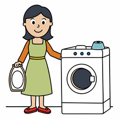 Mom uses washing machine art vector illustration