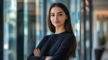 Sticker - a woman standing with crossed arms in a modern glass-walled room