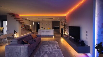 Poster - Create a minimalist modern living room with a low-profile sofa, a minimalist TV stand, and LED strips installed along