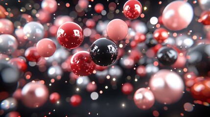 Wall Mural -   A group of red, black, and white balls float in the air against a blurred backdrop of red and black balls