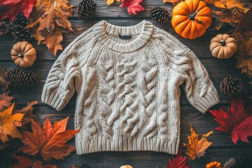 Cable-knit sweater with pumpkins and leaves on a rustic wooden background