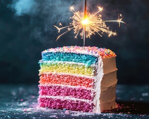 Happy Birthday Coral. Colorful Cake with Sparkler. Pink Slice of Colourful Dessert