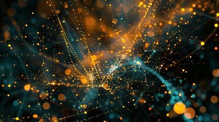 Abstract tech background featuring illuminated fiber optic connections, a quantum computing network system, and global electronic intelligence.