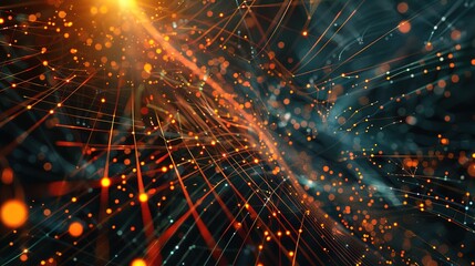 Abstract tech background featuring illuminated fiber optic connections, a quantum computing network system, and global electronic intelligence.