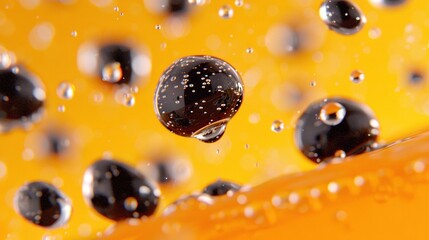 Wall Mural -   Close-up of a group of bubbles on a yellow background, featuring water droplets inside each bubble