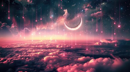 Sticker - beautiful night sky with crescent moon and stars