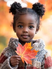 Handsome cute 7 years old african girl in the fall season autumn landscape sunny day, trees and leaves background, holding colorful maple leaf