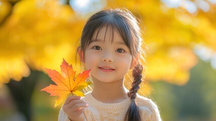 Handsome cute 7 years old asian girl in the fall season autumn landscape sunny day, trees and leaves background, holding colorful maple leaf