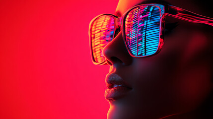 Close-up of a person wearing reflective sunglasses with neon lights. Futuristic, trendy eyewear scene with vibrant red and blue background.