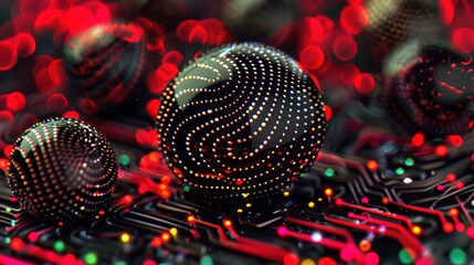 Wall Mural -   A zoomed-in picture of a computer circuit board featuring a ball positioned atop it and faint background lighting