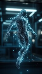 Fototapete - A digital human figure made of particles, emerging in a futuristic setting with glowing lines and ambient light.