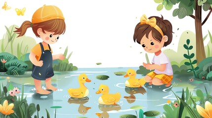 Wall Mural - Create a illustration of a Children observing ducks in a pondin a kawaii style, simplified to feature fewer elements for a cleaner look, Use a color palette that is appealing to children, with